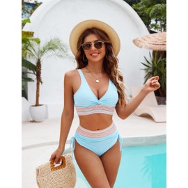 Edelqual High Waisted Bikini Sets for Women Tummy Control Swimsuits Two Piece Bathing Swim Suit Summer Beach Swimwear Color Block Fashion Trendy Clothes (Sky Blue,M)