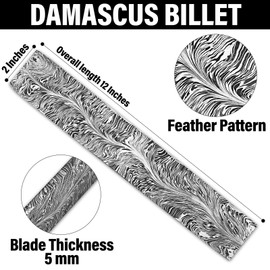 Nesmo 521 Damascus Steel Blank Billet Snack Feather Patern Bar Stock for knife making Hand Forged 12 Inches, Gray