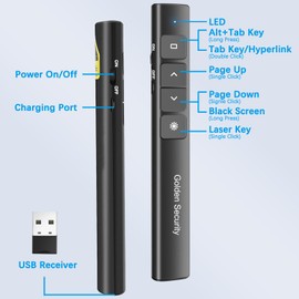 Golden Security Presenter, PowerPoint Remote Control 2.4 GHz Wireless Pointer for Presentations, Presentation Remote Control, Presenter for Office, Classroom