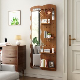Hidden Sliding Full Length Mirror with Shelf & Hooks - Entry Way Mirror, Rustic Wood Wall Mounted Dressing Mirrors for Bedroom, Living Room - Storage Rack & Multifunctional Furniture (47x22in, Walnut)