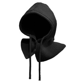JFAN Balaclava Hood Womens Winter Hat Unisex Cashmere Knitted Beanie Hats with Drawstring Warm Hooded Scarf Hat Wind-Resistant Ski Cap Outdoor,Black