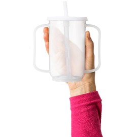 Sliner 2 Pcs Adult Sippy Cups for Elderly, 12 oz Plastic Spill Proof Cups with 2 Handles Straw and Lid for Adults Hospital Disabled Dysphagia Patients (White)