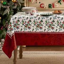 Softalker Christmas Tablecloth Rectangle, Designer Pattern Velvet Tablecloth with Holly, Floral Farmhouse Table Cover Cloth Decorative for Kitchen Dining Room/Party(55x94 Inch)