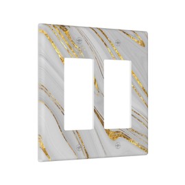 Mdmei Gold White Grey Marble 2-Gang Double Rocker Light Switch Plate Cover Decorative Gray Golden Wall Plates Lightswitch Switchplate Electrical For Office Bedroom Kitchen Bathroom Size 5 X 4.9 Inch