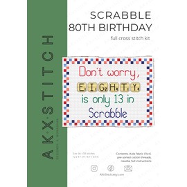Scrabble Birthday Anniversary Card Cross Stitch Kit with Threads, Fabric, Needle and Instructions HANDMADE (80 Eighty)