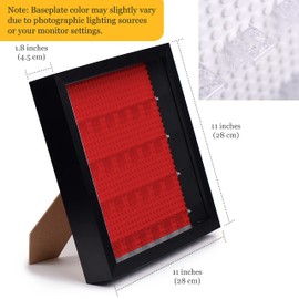 Tapeera Black Wooden Minifigure Display Case - Memorabilia Display Case for Figures - 11 x 11 Inch Shadow Box Frame - for Wall and Table Top with Dust Protection - Holds Up to 28 Figures (Red Base)