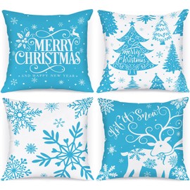 Lanpn Pack of 4 White and Blue Cushion Covers Christmas Cushion Cover 40 x 40 cm, Winter Snowflakes Decorative Christmas Cushions for Christmas Decoration Christmas Bed Linen Sofa Decorations (Light