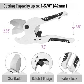 Bates- PVC Pipe Cutter, Cuts up to 1-5/8", Ivory Ratcheting PVC Pipe Cutter Tool, Pipe Cutters PVC Pipe Shears, Plastic Pipe Cutter, PEX Pipe Cutter, PVC Cutter Tool, PVC Ratchet Cutter