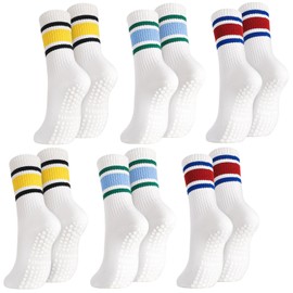 Jspupifip 6 Pairs Pilates Socks for Women, Non-Slip Yoga Striped Retro Crew Socks for Athletic Barre Barefoot Workout Hospital