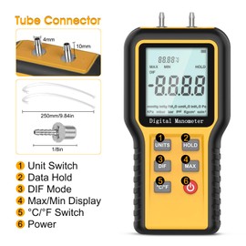 Digital Manometer Gas Pressure Tester with ±0.3% FSO Resolution, Differential Pressure Gauge with 12 Optional Units, Portable Air Pressure Gauge with LCD Backlight.