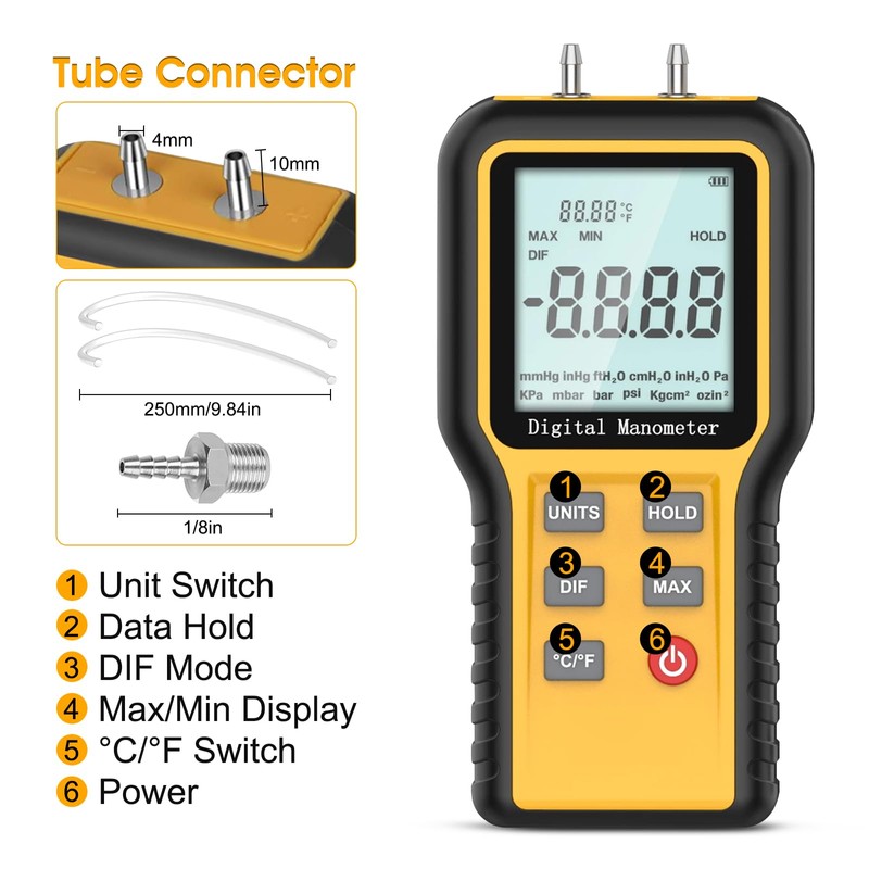 Digital Manometer Gas Pressure Tester with ±0.3% FSO Resolution, Differential