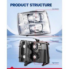 KAX Headlight Assembly, Chrome Headlights Compatible with Silverado 1500, Silverado 1500, Silverado 2500 HD, Silverado 3500 HD, Silverado 1500 Clear Reflector Color Clear Lens Color