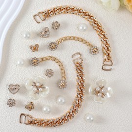 18 Pcs Bling Shoe Charms Bling Chain Shoes Charms Accessories for Women Pearl Flower Clog Shoes Decoration Crystal Rhinestone Shoes Charms Bling Cute Decor for Girls Shoes Party Birthday Gifts