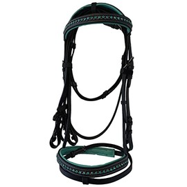 Equitem Teal Leather Padded English Bridle with Teal Crystal and Link Browband (Pony, Black)