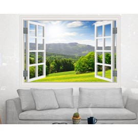 FLFK Fake Window Wall Sticker - Landscape Faux Window Wall Mural for Wall Decor, Stick and Peel Wall Decals,48"x32",Set of 2 Sheets