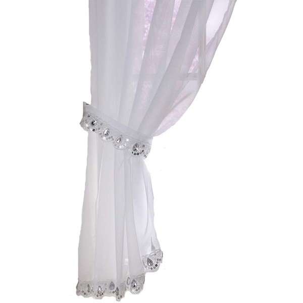 Glitzy Sparkle Jewelled Crystal Sequin Trim Voile Curtain Panel With Jewelled Tie Back (White 57 x 90) Rod Pocket Slotted Top Heading