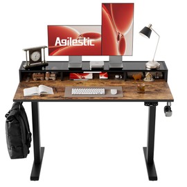 Agilestic Glass Standing Desk with Storage, 48 Inch Electric Adjustable Desk with Glass Shelf, Sit Stand Up Home Office Computer Table, Splice Board, Rustic Brown