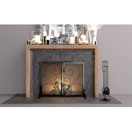 Calidola Flat Fireplace Screen with Doors,Solid Wrought Iron Frame with Metal Mesh, Flat Panel Decorative Fireplace Screen with Scroll Design, Free Standing Spark Guard