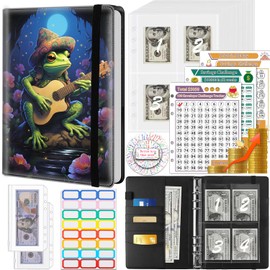 Money Saving Binder, 100 Envelopes Money Saving Challenge, Cash Envelopes Budget Binder & 3 Budgeting Planner Trackers, PU Leathers A5 Money Saving Planner Book，Frog Playing Guitar