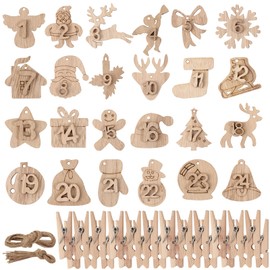 BHGT 1-24 Advent Calendar Numbers Wooden with 24 Pieces Wooden Pegs Jute String Wooden Numbers Pendant Christmas Decoration DIY Decoration for Christmas Tree Advent Calendar for Crafts (Style D)