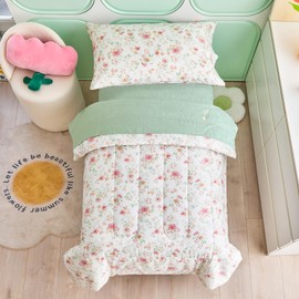 Joyreap 4 Piece Cotton Toddler Bedding Set for Girls, Pink Flowers on White Design, Soft Breathable Cotton Toddler Comforter Set, Includes Quilted Comforter, Fitted Sheet, Top Sheet, and Pillow Case