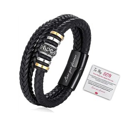 GAUEIOUR Leather Bracelet for Son,Multi-Layer Braided Leather Bracelet, Men's Leather Bracelet,To My Son Love You Forever Leather Bracelet,Men's knitting jewelry(Black + Card)