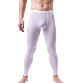 Men's Ice Silk Sheer Leggings Pants Underwear Bottoms Low Rise Elastic Trousers Long Johns White