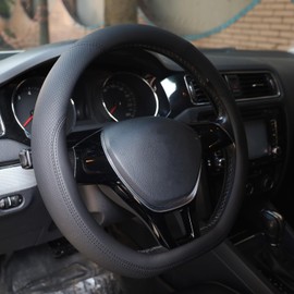 SZYUCHEN D-Shaped Steering Wheel Cover for Kia Soul K5 Forte Optima Stinger Seltos EV6 2021 2022 2023 2024 Accessories, Black Microfiber Leather with Breathable Holes 14.5-15 inches