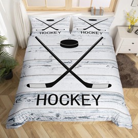 Boys Ice Hockey Duvet Cover 3Pcs, Winter Sports Games Bedding Set Queen For Kids Teens Men, Rustic Farmhouse Comforter Cover Country Wooden Barn Door Bedspread Cover, Ice Hockey Gifts For Women