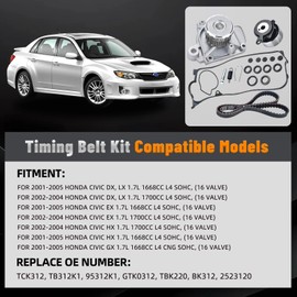 Timing Belt Kit with Water Pump for 2001-2005 Honda Civic HX/DX/EX/GX/LX 1.7L L4 SOHC 16V Engine OE# TCK312, TB312K1, 95312K1, GTK0312