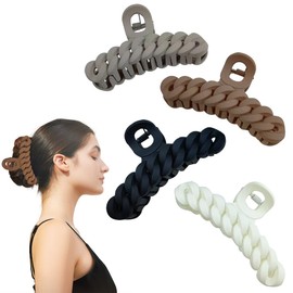 4 PCS Braided Chain Design Hair Clips Large Claw Clips 4.5" Matte Hair Claw Clips for Thick Hair Strong Hold Hair Claw Clips Cute Big Hair Clips for Women (Mocha/Neutral)