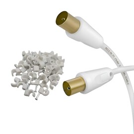 Reulin 2 Meter Lang 3C2V Schlankes Vergoldetes TV Antennenkabel, 2M Männlich - Weiblich mit Clips Antennen Koaxial Kabel 2,0 M Weißes Koaxialkabel 75 OHM 2Meter