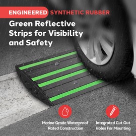Pyle 2 Ft. Rubber Threshold Curb Ramp for Driveway - Heavy Duty Non-Slip Ramp for Vehicles - Green Reflective Strip, Marine Grade Waterproof, Ideal for Driveways & Sidewalks, 24.0"x16.0"x2.6" Inches