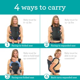 Infantino Flip 4-in-1 Light & Airy Baby Carrier - Breathable, Lumbar Support, Adjustable Waist Belt, Headrest, Ergonomic Seat, Soft Straps for Newborns from 3.6 - 14.5 kg, Dark Grey
