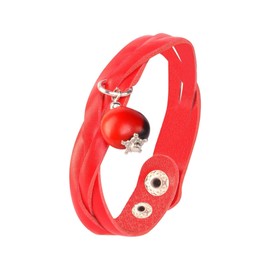 Adjustable Handmade Leather Band Unisex Bracelet w/meaningful huayruro seed beads & magnetic clasp - Symbol of Prosperity,Love&Happiness