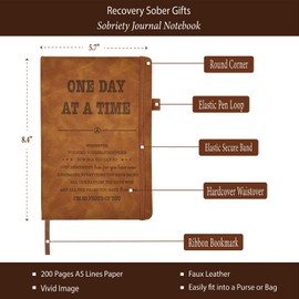 Sober Gifts Men Women, Sobriety Journal 200 Pages Engraved Notebook A5 Lined with Pen, One Day At A Time Gift Keychain, AA NA Recovery Gift from Addiction, Clean And Sober Encouragement Gifts