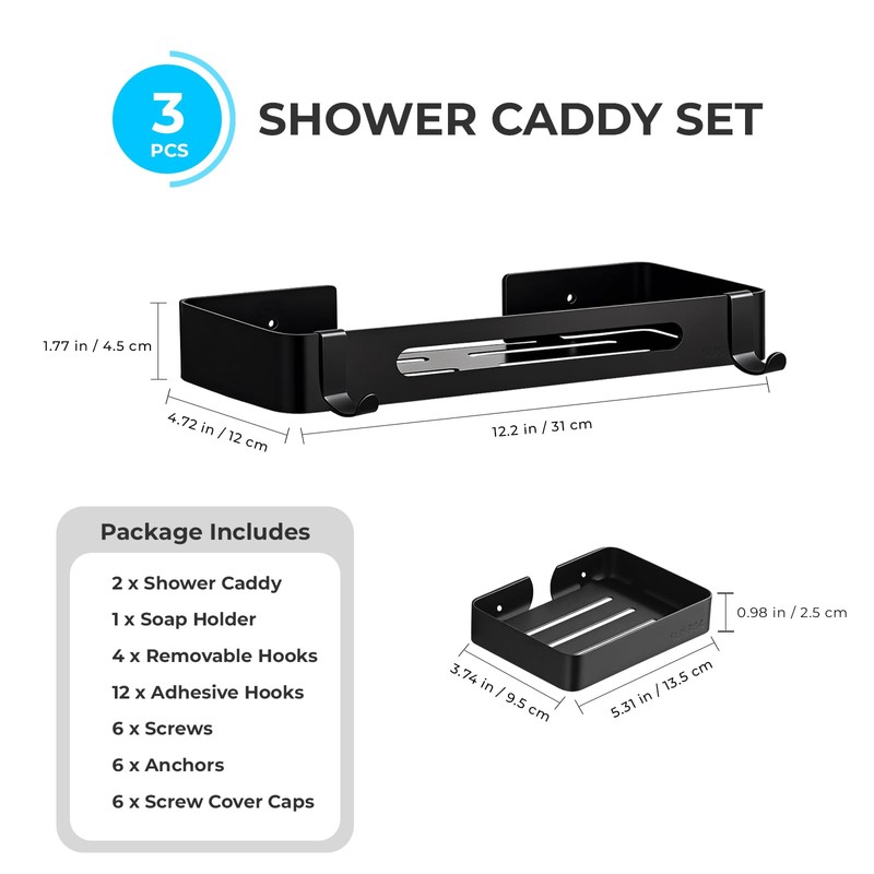 Shower Caddy Adhesive, 304 Stainless Steel, 3 Pack, Black