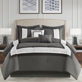 510 DESIGN King Comforter Set Hotel Style Comforters for King Size Bed, Pieced & Embroidered Border, All Season Comforters King Size Bed Set, Shams & Bedskirt, Powell, King Dark Grey 8 Piece