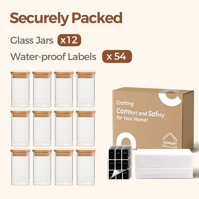 ComSaf 12Pcs Spice Jars with Labels, Glass Jar with Bamboo
