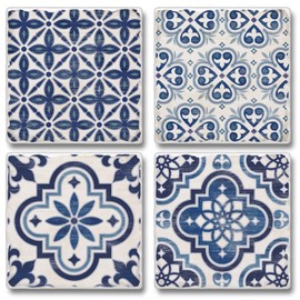 Thirstystone Assorted Blue & White Tile Designed Tumbled Tile Coaster 4 Pack with Protective Cork Backing Manufactured in The USA Easily Wipes Clean