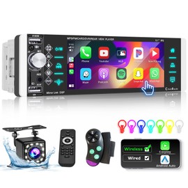 Hikity Car Radio 1Din with Wireless Carplay Android Car, 5.1 Inch Touchscreen 1Din Car Radio Bluetooth with FM Radio 2USB AUX TF Bluetooth Hands-Free Kit 7 Colours Mic Reversing Camera