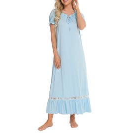 Women Vintage Nightdresses Short Sleeve Lace Nightgown Long Sleep Dress Modal Nightie Lounge Dresses