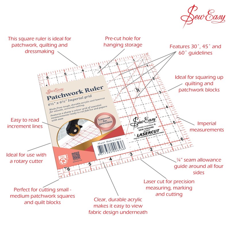 SEW EASY PATCHWORK RULER:6-1/2"x 6-1/2" SQUARE / NL4177