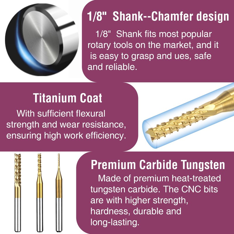 Titanium Coated Engraving Milling Cutter Carbide Bits, 0.8-3mm, 1/8'' Shank,