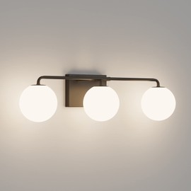 Tipace Mid Century Modern Bathroom Vanity Lights Fixtures 3-Light Black Milk White Globe Glass Industrial Vanity Lighting Over Mirror (Exclude Bulb)