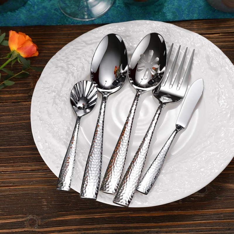 KEAWELL Premium Louis Hammered Serving Utensils, 18/10 Stainless Steel, Squared