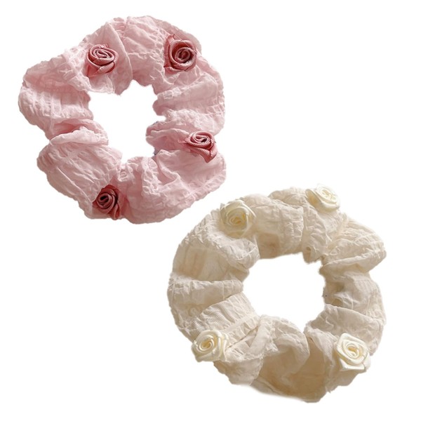 2Pcs Lace Scrunchies for Women,Sweet Pink and Yellow Flower Satin
