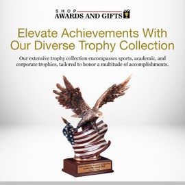 SHOP AWARDS AND GIFTS 12-Inch Bald Attacking Eagle with American Flag Statue Figurine Trophy Award on Walnut Finish Wood Base, Customizable with Engraving Plate, Electroplated Bronze