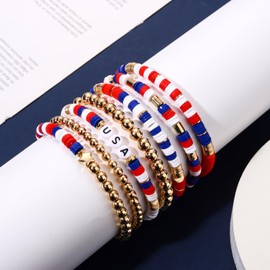 4th of July Bracelet Set for Women - Stack Red White Blue Friendship Stretch Bracelets Gold Beaded USA Bracelets American Flag Patriotic Stackable Bracelets Bulk Fourth of July Indenpendence Day Gift