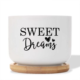 DecStic Sweet Dreams Planters Ceramic Bible Verse Round Plant Pots with Drainage Holes and Bamboo Tray Pot for Home Desktop Office Windowsill
